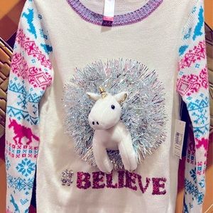 UNICORN "BELIEVE" SWEATER W/PLUSH UNICORN.LADIES Sz XS 1 but fits Girls SZ 10-14